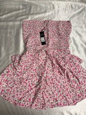Fashion Nova White Strapless Pink Floral Smocked Dress